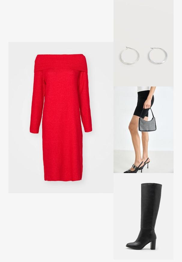 Rotes, schulterfreies Strickkleid mit langen Ärmeln, ausgestattet mit einem gerippten Ausschnitt und einer geraden Silhouette. Weicher Stoff und knielang.; Schwarze kniehohe Stiefel aus glattem Leder, mit einem stabilen Absatz und runder Zehenpartie. Minimalistisches Design ohne sichtbare Hardware oder Dekorationen.; Schwarze Perlen-Handtasche mit geschwungener Silhouette, Tragegriff und glänzender Textur. Kombiniert mit schwarzen High Heels und enganliegenden schwarzen Shorts.; Silberne Metallcreolen mit glatter, leicht gebogener Oberfläche und Klappverschluss vor schlicht weißem Hintergrund.