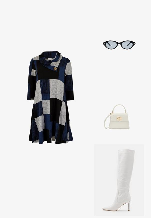 Apricot BLOCK SWING - Robe en jersey - teal; RAID TRIBUTE - Bottes à talons hauts - white; Lunettes de soleil ovales noires avec montures fines et petits points dorés près des charnières, avec verres légèrement teintés.; Petit sac à main blanc avec poignée supérieure, bandoulière amovible et fermoir rectangulaire doré sur la rabat avant.