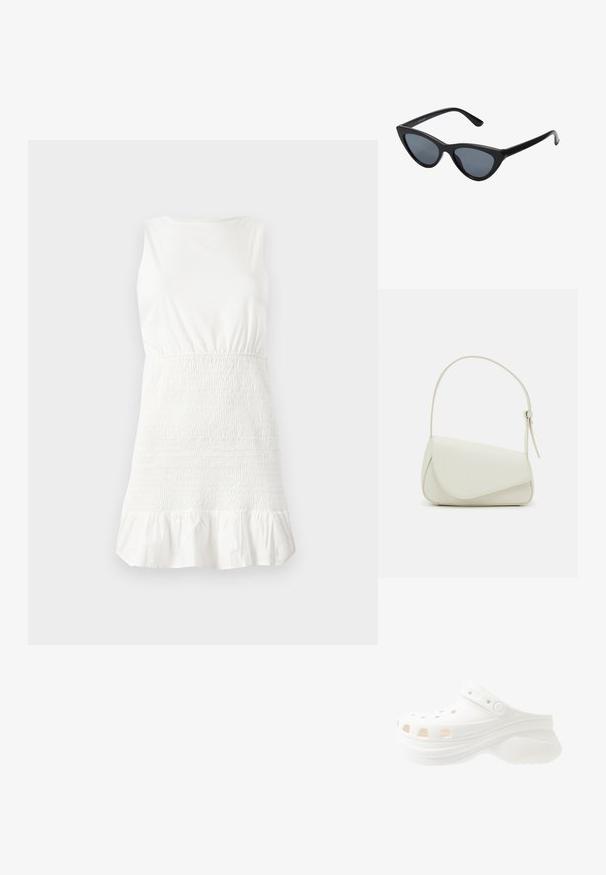 Robe blanche sans manches présentant un buste ajusté avec un texture froncée, un ourlet volanté évasé, et un matériau en mélange de coton doux.; Sabot blanc en mousse avec talon surélevé, trous ronds pour la ventilation, sangle arrière réglable et semelle texturée pour l'adhérence.; Lunettes de soleil noires en forme d'œil de chat avec des verres gris foncé, monture en plastique élégante, coins pointus et branches droites. Pas de métal visible ni d'accents.; Sac à main en cuir synthétique blanc avec une forme triangulaire structurée, une bandoulière unique réglable et un rabat à courbes accentuées.