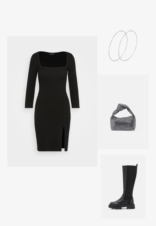 Schwarzes, tailliertes Kleid aus dehnbarem Material. Es hat einen quadratischen Ausschnitt, lange Ärmel und einen seitlichen Schlitz am Saum für zusätzliche Details.; Schwarze kniehohe Stiefel mit einer glatten Lederfront und einem strukturierten Stoffrücken, ausgestattet mit einer kräftigen, genoppten Sohle und einer Zuglasche für ein einfaches Anziehen.; Schwarz-silberne Handtasche mit einer strukturierten Oberfläche, die ein Diamantmuster aufweist, einem geknoteten Griff und einer strukturierten Form.; Silberne Creolen mit minimalistischem Design. Rundform, glatte Oberfläche und dünnes Profil. Leichtgewichtig mit hochglänzender Oberfläche.