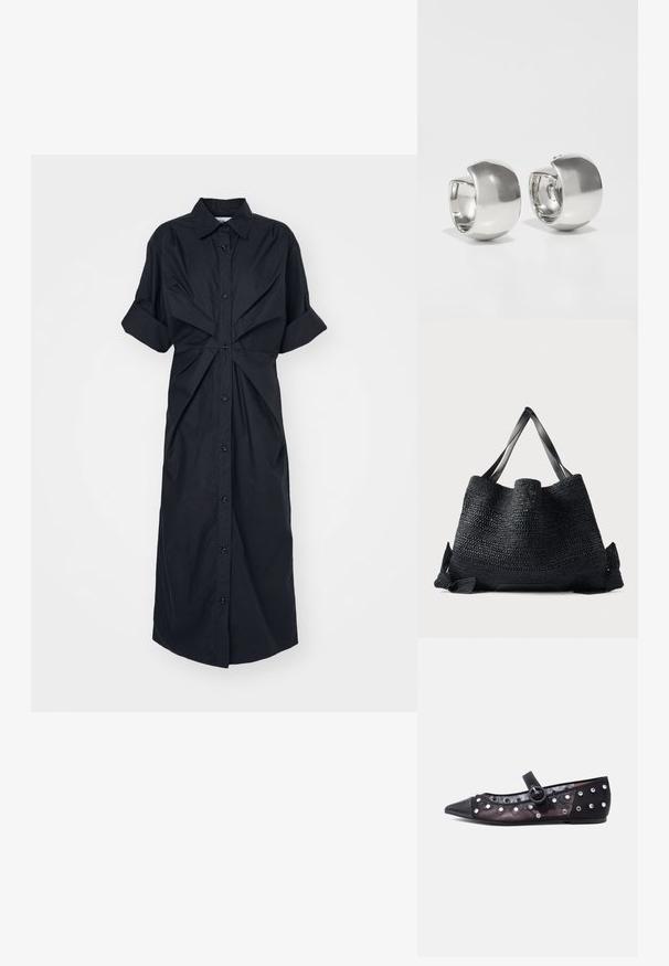 Robe noire à manches courtes roulées, avec une fermeture à boutons sur le devant et un détail en tissu tordu à la taille, fabriquée dans un tissu léger.; Ballerine Mary Jane noire à bout pointu avec côtés en mesh transparent décorés de clous argentés et bride avec boucle ronde.; Grand sac fourre-tout noir tissé avec des poignées larges et plates et un dessus ouvert, présenté sur un fond clair uni.; Uncommon Matters SCULPTURAL LARGE CREOLE - Boucles d'oreilles - silver-coloured
