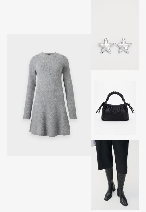 Robe tricotée grise à manches longues, col rond, coupe décontractée et texture subtilement côtelée. La jupe s'évase légèrement vers l'ourlet.; Bottes en cuir noir arrivant au genou avec un bout carré et un talon bloc. Elles présentent une fermeture éclair sur le côté et une texture lisse.; Sac à main noir avec texture crocodile, bord supérieur froncé, poignée plissée et pompons à cordon de chaque côté sur fond blanc.; Boucles d'oreilles argentées en forme d'étoile, avec une surface lisse et brillante. Chaque boucle d'oreille possède cinq pointes et des détails subtils de texture de surface.