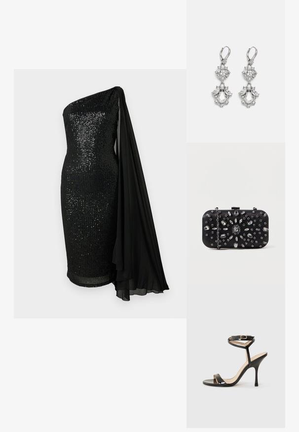Robe noire à paillettes avec un design à une épaule. Dotée d'un détail de cape en chiffon noir fluide, d'une silhouette ajustée et d'un ourlet au genou.; Sandale à talons hauts en cuir verni noir avec une fine bride de cheville et une boucle, orteil ouvert et talon aiguille mince sur fond blanc.; Pochette noire de forme rectangulaire, ornée de divers strass disposés en motifs floraux, dotée d'une chaîne en argent pour le transport.; Boucles d'oreilles en métal argenté ornées de plusieurs pierres précieuses en cristal transparent en forme de goutte et de marquise, avec des fermoirs à levier et des détails complexes.