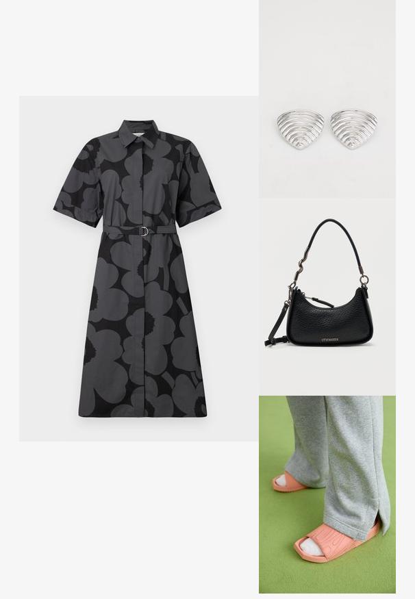 Robe chemise à motifs floraux noir et gris, avec des manches courtes, un col classique et une taille cintrée. Tissu lisse avec une coupe décontractée.; Des tongs en caoutchouc rose avec des larges sangles, des détails texturés, portées avec un pantalon de survêtement gris et des chaussettes blanches sur une surface verte.; Sac à main Steve Madden en cuir texturé noir avec fermeture à glissière incurvée sur le dessus, poignée courte en métal et cuir irrégulière, et bandoulière détachable.; Boucles d'oreilles en argent avec un design ondulé et texturé, en forme de croissants superposés ; la finition polie accentue les qualités réfléchissantes.