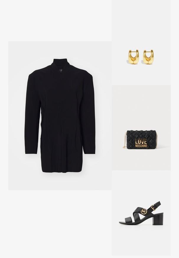 Prenda negra de manga larga con cuello alto, que cuenta con un cierre de cremallera y costuras estructuradas para un ajuste entallado. Textura suave, diseño minimalista.; Sandalia de cuero negra con correas entrelazadas y un logo redondo de MK. El tacón es de altura media, proporcionando estabilidad y un diseño elegante.; Bolso bandolera negro acolchado con correa de cadena dorada y gran logo dorado "LOVE MOSCHINO" en el frente.; Pendientes de aro de oro con un diseño elegante y redondeado. Presentan un centro hueco y una superficie brillante, complementando estilos modernos.