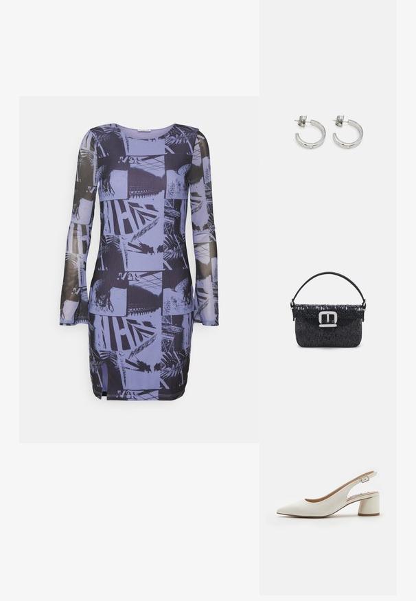 Noisy May Petite NMCARRIE - Vestido informal - jacaranda; Zapato de tacón destalonado de cuero blanco con punta afilada, tacón bloque de altura media y correa ajustable. Textura suave; diseño minimalista.; GEDEBE Bolso de mano - black; kate spade new york HUGGIES - Pendientes - clear/silver-coloured