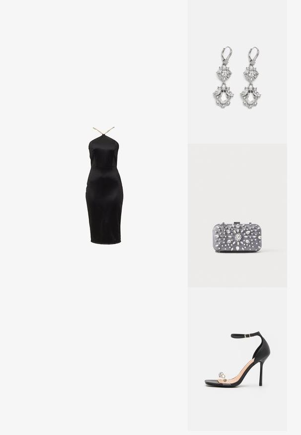 Robe moulante en satin noir avec un col licou. Présente une silhouette ajustée et un éclat subtil. De fines bretelles dorées soulignent l'encolure.; Sandale à talons hauts noire avec une sangle transparente ornée de trois clous décoratifs et une sangle ajustable à la cheville, au design élégant et pointu.; Petit sac pochette rectangulaire gris foncé orné de strass clairs disposés en motif rayonnant, avec une bandoulière chaîne argentée.; Boucles d'oreilles en métal argenté ornées de plusieurs pierres précieuses en cristal transparent en forme de goutte et de marquise, avec des fermoirs à levier et des détails complexes.