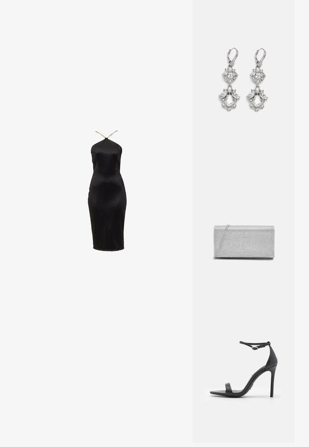 Robe moulante en satin noir avec un col licou. Présente une silhouette ajustée et un éclat subtil. De fines bretelles dorées soulignent l'encolure.; Sandales noires à talons hauts avec un orteil ouvert, des fines lanières et une boucle à la cheville. Texture en cuir lisse avec un design de forme pointue.; Pochette en métal argenté avec un design en maillage tissé, de forme rectangulaire, et une chaîne pour le transport. Texture lisse et finition polie.; Boucles d'oreilles en métal argenté ornées de plusieurs pierres précieuses en cristal transparent en forme de goutte et de marquise, avec des fermoirs à levier et des détails complexes.