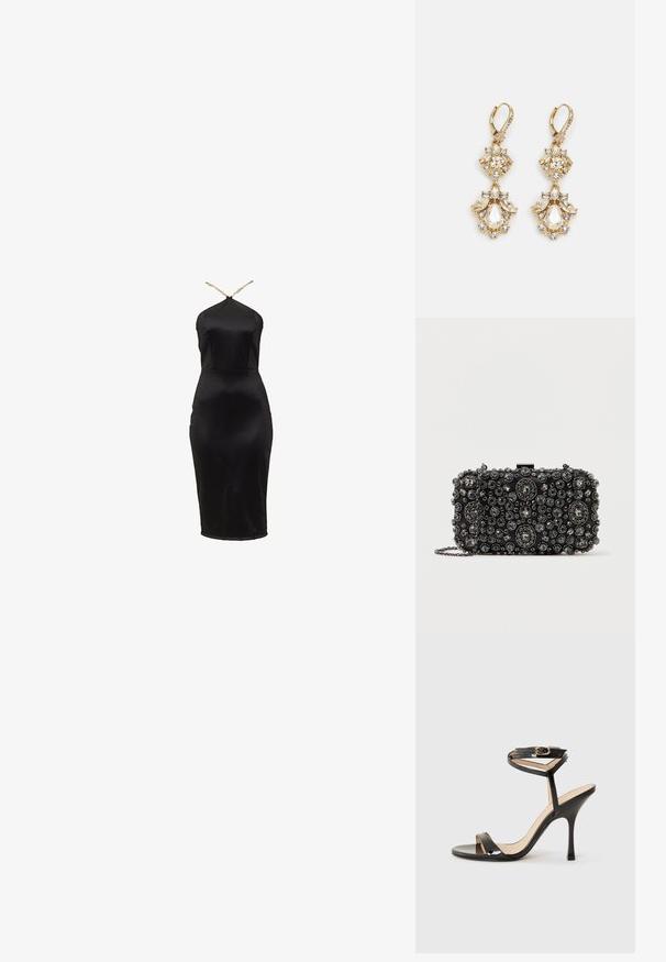 Robe moulante en satin noir avec un col licou. Présente une silhouette ajustée et un éclat subtil. De fines bretelles dorées soulignent l'encolure.; Sandale à talons hauts en cuir verni noir avec une fine bride de cheville et une boucle, orteil ouvert et talon aiguille mince sur fond blanc.; Pochette noire ornée de rhinestones ronds et ovales de différentes tailles, avec une chaîne en argent et un fermoir.; Boucles d'oreilles pendantes dorées présentant un design en grappe avec des cristaux clairs ronds et en forme de goutte, mettant en valeur des détails élaborés.
