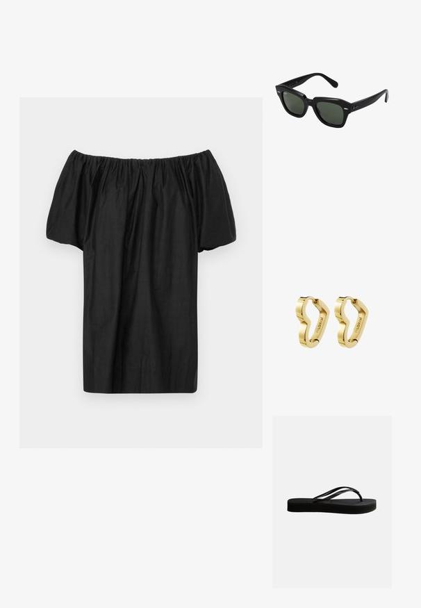 Blusa negra sin mangas, confeccionada en una tela ligera, con un escote fruncido y mangas cortas y abullonadas. Diseño simple y sin adornos.; Chancla negra de goma con suela texturizada y correa en forma de Y, mostrada en vista lateral sobre un fondo liso y claro.; Gafas de sol cuadradas negras con lentes verde oscuro, con montura audaz y acentos plateados en los laterales. Fabricadas en Italia.; Par de pendientes de aro con acabado dorado pulido y forma ondulada irregular, grabados con "PILGRIM" en el interior.
