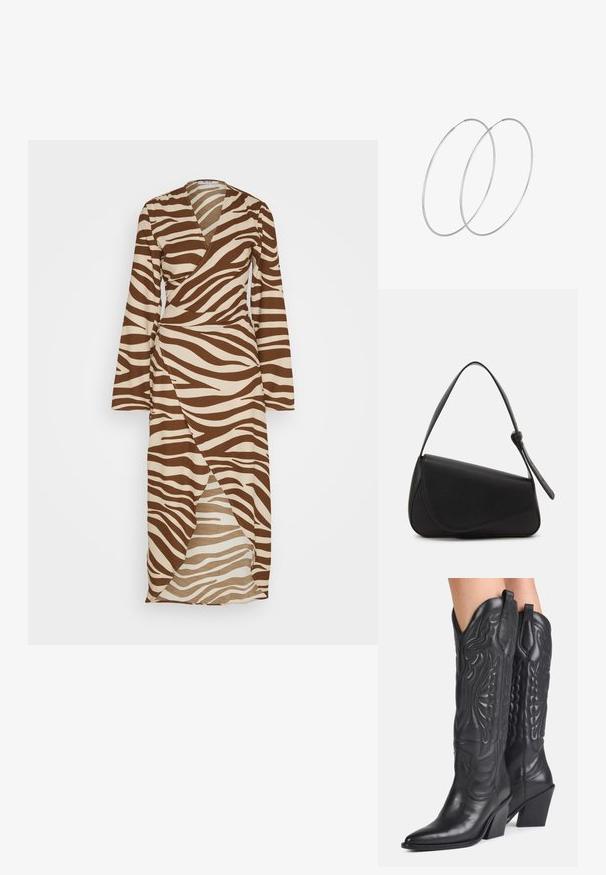 NA-KD WAIST DETAIL DRESS - Maxi-jurk - brown/white; Zwarte leren cowboylaarzen met spitse neuzen, decoratieve stiksels en schuine blokhakken gedragen door een persoon.; Zwart leren handtas met een driehoekige vorm, schuine klep en een ronde handgreep. Heeft een gladde textuur en minimalistische ontwerpelementen.; Zilveren hoepel oorbellen met een minimalistisch ontwerp. Cirkelvormig, gladde textuur en dun profiel. Lichtgewicht met een gepolijste afwerking.