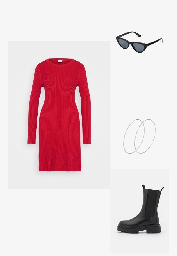 GAP Petite CREW NECK DRESS - Etuikjole - modern red; RAID CHERISH - Plateaustøvler - black; Sorte katteøje solbriller med mørkegrå linser, slankt plastisk stel, spidse hjørner og lige stænger. Ingen synlig hardware eller dekorationer.; Sølvøreringe med et minimalistisk design. Cirkulær form, glat tekstur og tynd profil. Letvægtige med en poleret overflade.