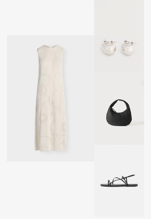 Robe longue blanche sans manches avec de grands motifs floraux subtils en maille et un col rond, présentée sur un fond uni.; Sandales plates noires avec de fines brides croisées, design à bout ouvert et semelle minimaliste. Comprend un petit détail de boucle pour l'ajustement.; Sac à main en cuir tressé noir avec une poignée courbée et un corps en forme de croissant, présenté sur un fond blanc uni.; Paire de boucles d'oreilles argentées brillantes et épaisses avec fermoirs à tige, sur fond blanc uni.