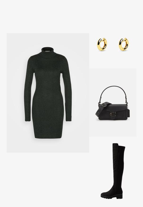 JDY JDYNOVALEE ROLL NECK DRESS - Etuikleid - scarab melange; Schwarze Overknee-Stiefel aus weichem Wildleder mit flacher Sohle, abgerundetem Zehenbereich und elastischen Seiteneinsätzen für ein einfaches An- und Ausziehen.; Schwarze Leder-Crossbody-Tasche mit strukturiertem Oberflächen, verstellbarem Riemen und silberner Hardware. Verfügt über einen Frontklappe mit einem Druckverschluss.; Goldene Creolen mit einem glatten, abgerundeten Design und glänzender Oberfläche. Mit einem Stecker und Schmetterlingsverschluß befestigt; leicht und in einfacher Form.