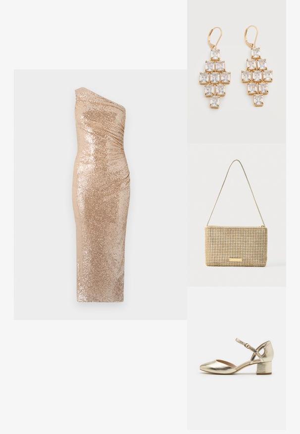 Robe bodycon avec un design à une épaule, fabriquée en tissu pailleté doré. Présente une silhouette ajustée et une texture lisse.; Chaussures à talons en métal doré avec un bout arrondi, une sangle de cheville et un talon bloc. Texture lisse avec une finition brillante et un design à sangles croisées.; Pochette dorée de forme rectangulaire, recouverte de strass argentés brillants. Dotée d'une fine bandoulière métallique et d'une fermeture éclair.; Boucles d'oreilles pendantes ton or avec des cristaux clairs rectangulaires disposés en un motif géométrique en étages et des fermoirs à levier.