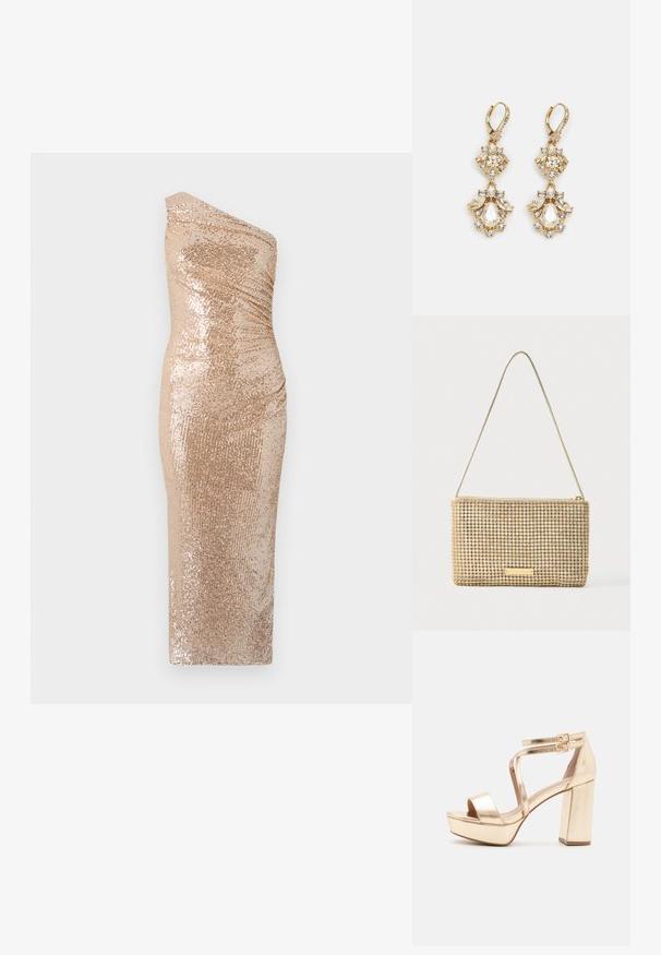 Bodycon kjole med en skulderdesign, lavet af glitrende stof i guld. Har en tætsiddende silhuet og glat tekstur.; Guld metalisk platform sandaler med en chunky blokhælk, åben tå og krydsede ankelstropper med spænde detaljer. Glat tekstur.; Guldfarvet clutchtaske med rektangulært design, dækket af skinnende, sølvfarvede rhinsten. Har en tynd metallisk skulderrem og lynlåslukning.; Guldtonede chandelierøreringe med en klynge-design, der har runde og tårnformede klare krystaller, der fremhæver detaljerne.