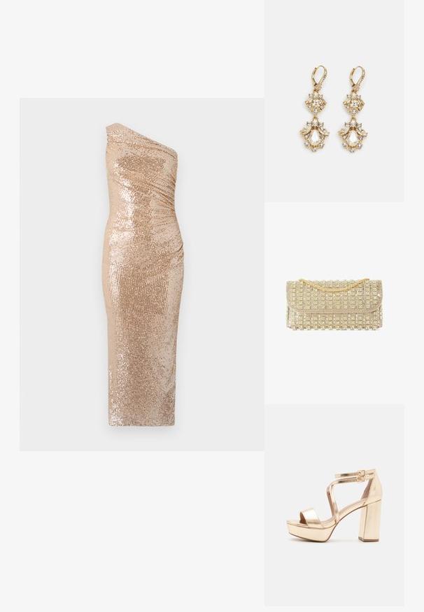 Robe bodycon avec un design à une épaule, fabriquée en tissu pailleté doré. Présente une silhouette ajustée et une texture lisse.; Sandales plateformes métalliques dorées avec un talon bloc épais, bout ouvert et des sangles croisées à la cheville avec des accents de boucles. Texture lisse.; Pochette de soirée ton or avec une bandoulière chaîne dorée et des rangées de strass scintillants.; Boucles d'oreilles pendantes dorées présentant un design en grappe avec des cristaux clairs ronds et en forme de goutte, mettant en valeur des détails élaborés.