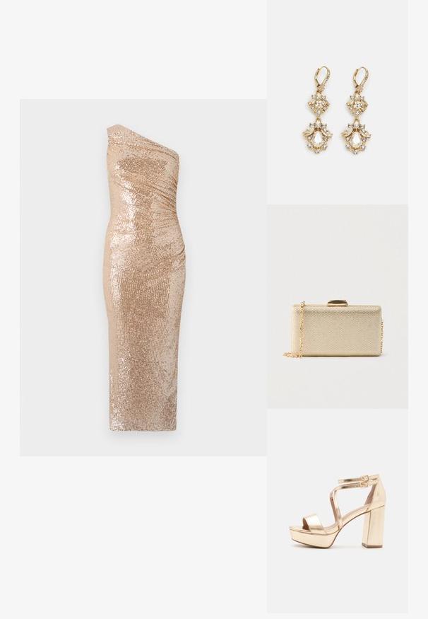 Bodycon kjole med en skulderdesign, lavet af glitrende stof i guld. Har en tætsiddende silhuet og glat tekstur.; Guld metalisk platform sandaler med en chunky blokhælk, åben tå og krydsede ankelstropper med spænde detaljer. Glat tekstur.; Rektangulær clutch i guldfarve med tekstureret overflade, guldlås på toppen og en tynd guldkæde som rem, sat mod en ensfarvet baggrund.; Guldtonede chandelierøreringe med en klynge-design, der har runde og tårnformede klare krystaller, der fremhæver detaljerne.