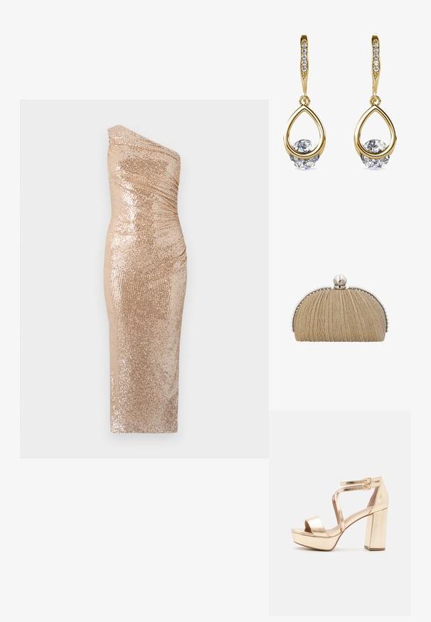Robe bodycon avec un design à une épaule, fabriquée en tissu pailleté doré. Présente une silhouette ajustée et une texture lisse.; Sandales plateformes métalliques dorées avec un talon bloc épais, bout ouvert et des sangles croisées à la cheville avec des accents de boucles. Texture lisse.; Pochette en tissu doré avec texture plissée, cadre argenté et grande fermeture à perle avec de petites perles bordant les bords.; Boucles d'oreilles en or en forme de goutte avec des pierres précieuses rondes et transparentes à la base. Section supérieure texturée avec de petits accents ronds le long de l'anneau.