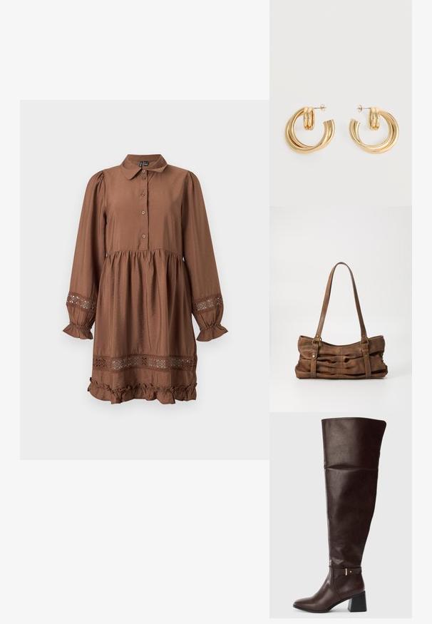 Robe marron à manches longues avec fermeture boutonnée à l'avant, taille froncée, détails en dentelle aux poignets et à l'ourlet, et bordure à volants en bas.; Bottine en cuir marron foncé hauteur genou avec un talon large et un détail de sangle décorative sur le côté, présentée sur un fond clair uni.; Even&Odd by Zalando Sac à main - brown; Paire de boucles d'oreilles créoles doubles en or brillant avec attaches à tige sur fond blanc.