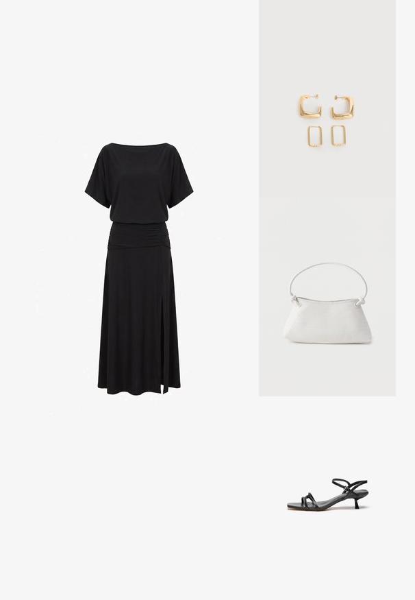 Sort midi kjole med korte ærmer, bådudskæring, indsnøring i taljen og sideslids på nederdelen.; Sorte lædersandaler med et slankt, minimalistisk design. Har to tynde remme og en lille, skrå hæl. Glat tekstur og åben tå.; Hvid fletlæderhåndtaske med afrundet håndtag og ender på remmen, der er knyttet, vist mod en ensfarvet baggrund.; To par guldfarvede geometriske hoop-øreringe på en ensfarvet hvid overflade, et par firkantede og solide, et par rektangulære og hule.
