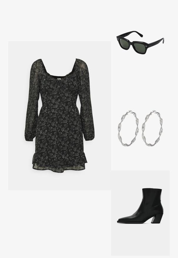 Hollister Co. EMEA LOTP PRETTY CORSET - Robe de soirée - black ditsy; Bottine en cuir noir avec un bout pointu, une silhouette élégante et un talon carré massif. Texture lisse avec des détails de couture minimalistes.; Lunettes de soleil carrées noires avec des verres vert foncé, présentant des montures audacieuses et des accents argentés sur les côtés. Fabriquées en Italie.; Boucles d'oreilles en argent en forme de créoles avec un design torsadé, présentant une surface texturée et un fermoir sécurisé. Légères et réfléchissantes avec une finition élégante.