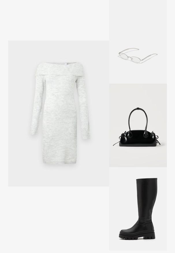 Robe tricotée légère gris clair, décolletée sur les épaules, avec des manches longues, un col côtelé et des poignets. Texture lisse avec des variations de couleur subtiles.; Even&Odd by Zalando Bottes à plateau - black; Lunettes ovales avec une monture métallique argentée, verres transparents et accents de branches texturées avec perles. Design léger avec des branches courbées.; Petit sac à main noir brillant avec deux longues anses et des détails à cordon sur les côtés sur un fond clair uni.