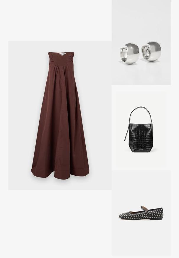 Robe marron sans manches, longue jusqu'au sol, avec un col froncé et un ourlet large, présentée sur un fond clair uni.; Chaussure plate en cuir noir avec un bout rond, dotée d'une sangle et de clous argentés répartis uniformément sur la surface supérieure.; Sac seau en cuir embossé noir façon croco avec une seule bandoulière et un petit logo argenté de la marque au centre en bas à l'avant.; Uncommon Matters SCULPTURAL LARGE CREOLE - Boucles d'oreilles - silver-coloured