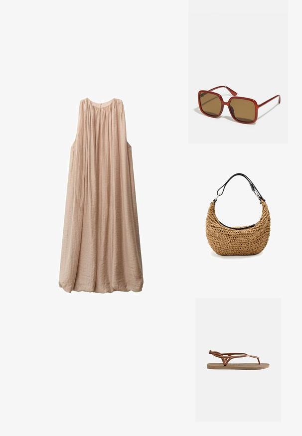 Helles rosa, ärmelloses Kleid aus gekrepptem Stoff, mit lockerer Passform, gerafftem Ausschnitt und fließender Silhouette, die bis zur Mitte der Wade reicht.; Flache Sandale mit beiger Sohle und metallisch rosegoldfarbenen geflochtenen Riemen, ausgestattet mit einem Zehensteg und Fersenriemen für sicheren Halt.; Rote quadratische Sonnenbrillen mit braun getönten Gläsern. Dicke, glänzende Rahmen und schlanke Bügel mit kleinen Details an der Seite für visuelles Interesse.; Geflochtene Strohtasche in Beige mit geschwungener Silhouette, ausgestattet mit einem schwarzen Lederband und silbernen Metallakzenten. Strukturierte Oberfläche.