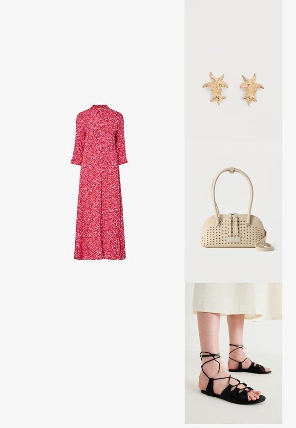 Rode bloemen midi-jurk met een knoopsluiting aan de voorkant, driekwart mouwen en een ruime pasvorm. Beschikt over kleine, meerkleurige bloemenpatronen.; Zwarte leren platte sandalen met een kruislingse ontwerp en enkelbandjes, met een effen textuur en een open teenstijl.; Beige leren handtas met geperforeerde gaten, twee ritssluitingen, dubbele handvatten en een lange riem, geplaatst tegen een effen achtergrond.; Goudkleurige oorbellen met twee getextureerde zeestervormen, een grotere en een kleinere, op elke oorbel tegen een witte achtergrond.