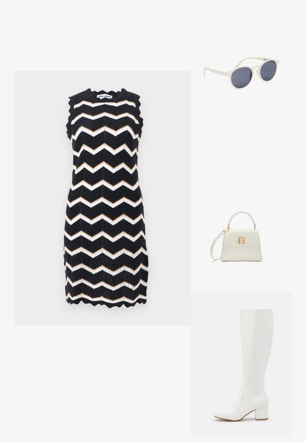 Ærmeløs sort strikket kjole med hvide og beige zigzag-striber, bølgede kanter og DKNY Jeans-mærke ved nakken.; Hvide knæhøje støvler med en glat, blank finish. Firkantet blokhæl og diskret syningsdetalje langs siden.; Hvide runde solbriller med mørke tonede linser og let buede skafter, der hviler på en hvid overflade.; Lille hvid håndtaske med topgreb, aftagelig skulderrem og guld rektangulært spænde på frontklap.