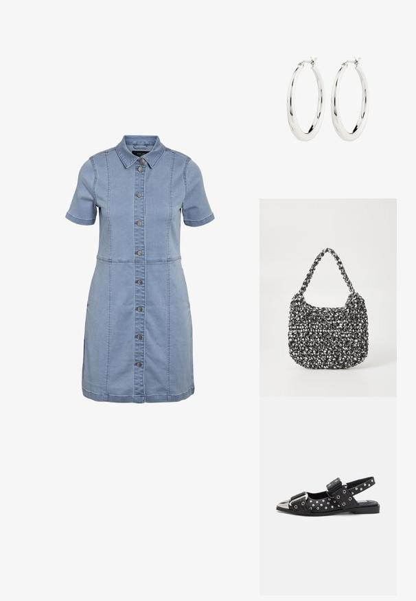 Helles blaues Jeanshemdkleid mit Kragen, kurzen Ärmeln, vorderen Knöpfen und seitlichen Taschen, das vertikale Nahtdetails aufweist.; Schwarze Slingback-Schuhe mit Nietenakzenten, flachem Absatz, metallener Zehenschutzkappe und verstellbaren Riemen mit Schnalle. Dekorative Hardware-Details vorhanden.; Gewebte Handtasche in Schwarz und Weiß mit runder Form, strukturiertem Oberflächenfinish und geflochtener Grifffläche. Geeignet für den lässigen Gebrauch.; Silberne Creolen mit einer glatten, glänzenden Oberfläche. Kreisform, ausgestattet mit einem sicheren Verschluss. Einfaches und elegantes Design.