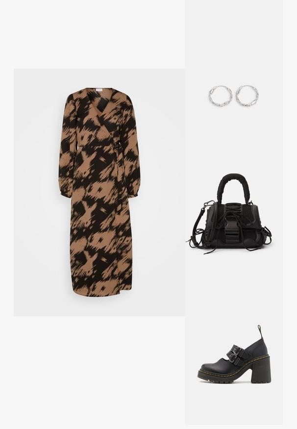 VILA VIJULIETTA MIDI WRAP DRESS - Vestido informal - black/beige; Zapatos de tacón alto negros con una suela texturada, que cuentan con dos hebillas plateadas, costuras amarillas y un lazo en la parte trasera para facilitar su uso.; Bolso negro con un exterior de malla, asa trenzada y cordones decorativos. Incluye una correa desmontable y acentos de hardware en contraste.; Pendientes de aro plateados con textura ondulada e irregular. Presentan una forma circular delgada y un acabado reflectante.