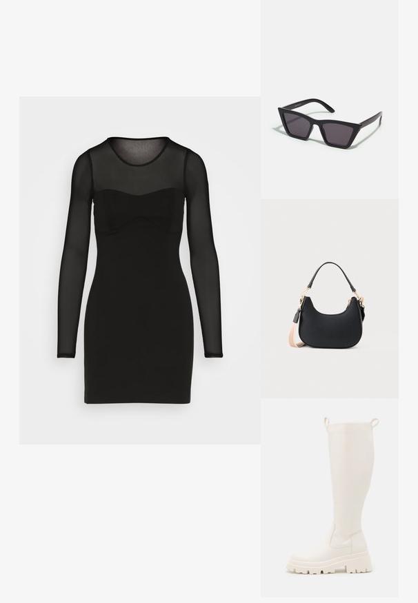 Abercrombie & Fitch PARTY PONTE STRAPLESS CORSET MINI - Cocktailkjole / festkjole - black beauty; Knælange hvide gummistøvler med en solid sål og elastiske paneler på siden. Har træksløjfer øverst for nemmere påklædning. Glat overflade.; Sorte, kantede solbriller med grå linser; lavet af plast, med tykke stænger med en glat overflade og ingen synlig hardware.; Sort halvmåneformet håndtaske med kort rem og en aftagelig beige skulderrem, prydet med guldfarvet hardware og lynlåslukning.