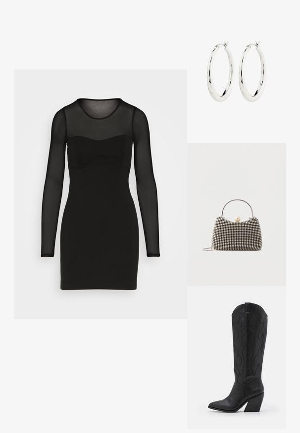 Abercrombie & Fitch PARTY PONTE STRAPLESS CORSET MINI - Kokteilikleit/peokleit - black beauty; Mustad nahast cowboy-bott, millel on terav nina, kitsenev kiilukujuline konts ja dekoratiivne tikand külgedel.; Väike käekott hõbedase võrgumustriga, kõver käepide, suur pärlikinnitus ja õhuke hõbedane kettsahtel lihtsal taustal.; Hõbedased rõngaskõrvarõngad siledast ja läikivast viimistlusest. Ringikujuline, sisaldab kindlat kinnitust. Lihtne ja elegantne disain.