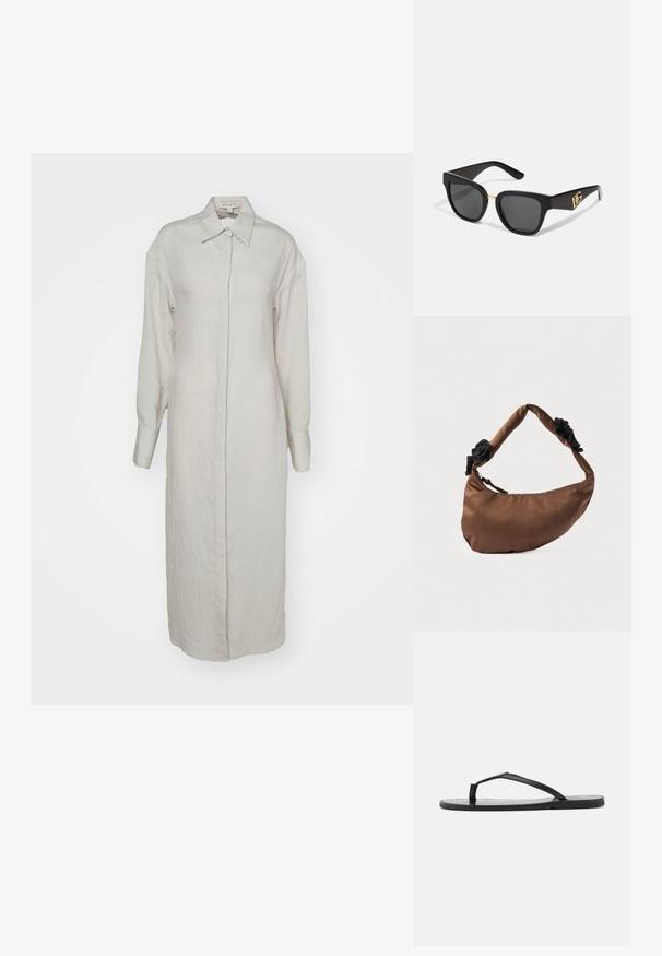Lichtbeige lange jurk gemaakt van gestructureerde stof, met een klassieke kraag, knoopsluiting, lange mouwen en zijzakken.; Zwarte teenslippers met een minimalistisch ontwerp, voorzien van dunne banden en een platte zool. Het materiaal lijkt op plastic met een gladde textuur.; Zwarte zonnebril met een geometrisch montuur, grijze lenzen en een gouden accent op de brug. Bevat een logo aan de zijkant van de poot.; Bruine handtas in halve maanvorm met een gewatteerd handvat en zwarte, getextureerde stoffen accenten aan beide zijden en een ritssluiting.