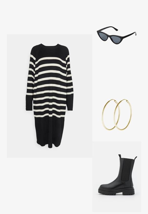 Object Tall OBJESTER DRESS - Strikkjoler - black/sandshell; RAID CHERISH - Plateaustøvler - black; Sorte katteøje solbriller med mørkegrå linser, slankt plastisk stel, spidse hjørner og lige stænger. Ingen synlig hardware eller dekorationer.; Guld hoops øreringe med et glat, rundt design og en blank finish. Letvægts konstruktion med en sikker låsemekanisme.