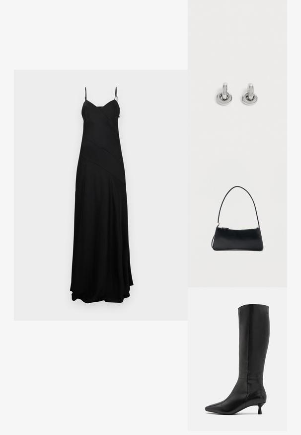 Zwarte maxi-jurk met dunne verstelbare bandjes, met een gestructureerd, vloeiend ontwerp en diagonale naden voor extra visuele aantrekkingskracht.; Zign Laarzen - black; Zwart rechthoekig handtasje met een dunne band en ritssluiting, afgebeeld tegen een effen witte achtergrond.; Een paar kleine, glanzende zilveren creolen met een ronde basis, afgebeeld op een effen lichte achtergrond.
