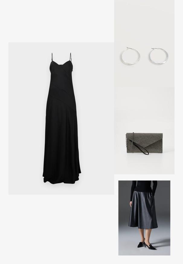 Zwarte maxi-jurk met dunne verstelbare bandjes, met een gestructureerd, vloeiend ontwerp en diagonale naden voor extra visuele aantrekkingskracht.; Zwarte leren midi-jurk met een gladde textuur; heeft een tailleband en zijzakken. Gepaarde met glanzende zwarte hakken.; Metaalgrijze clutch met een gemetalliseerd meshpatroon, envelopontwerp, kettingschouderband en een slanke, dunne polsband.; Zilverkleurige metalen creolen oorbellen met een glad, licht gebogen oppervlak en sluitingen met haaksluiting op een effen witte achtergrond.