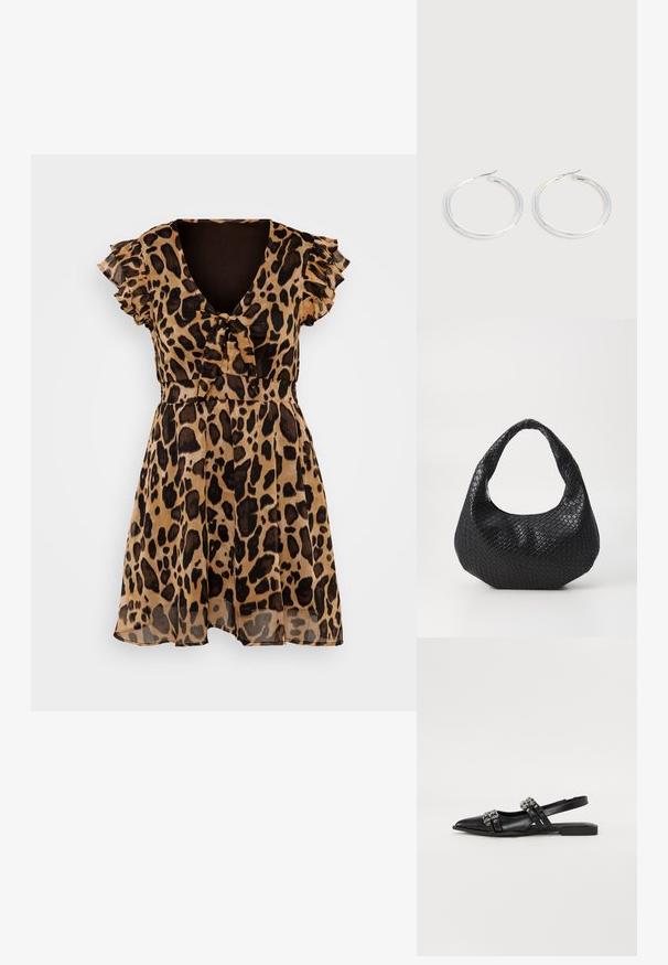 Ruiten jurk in doorschijnende, lichte stof. V-hals, rimpelende korte mouwen, nauwsluitende taille en vloeiende rok. Bruine en zwarte kleuren.; Even&Odd by Zalando Slingback ballerina´s - black; Zwarte geweven handtas met een gebogen handvat, met een gestructureerd oppervlak en een slouchy vorm. Gladde afwerking met een organische silhouette.; Een paar glanzende zilveren oorringen met dunne draadafsluitingen, getoond op een lichtgrijze achtergrond.