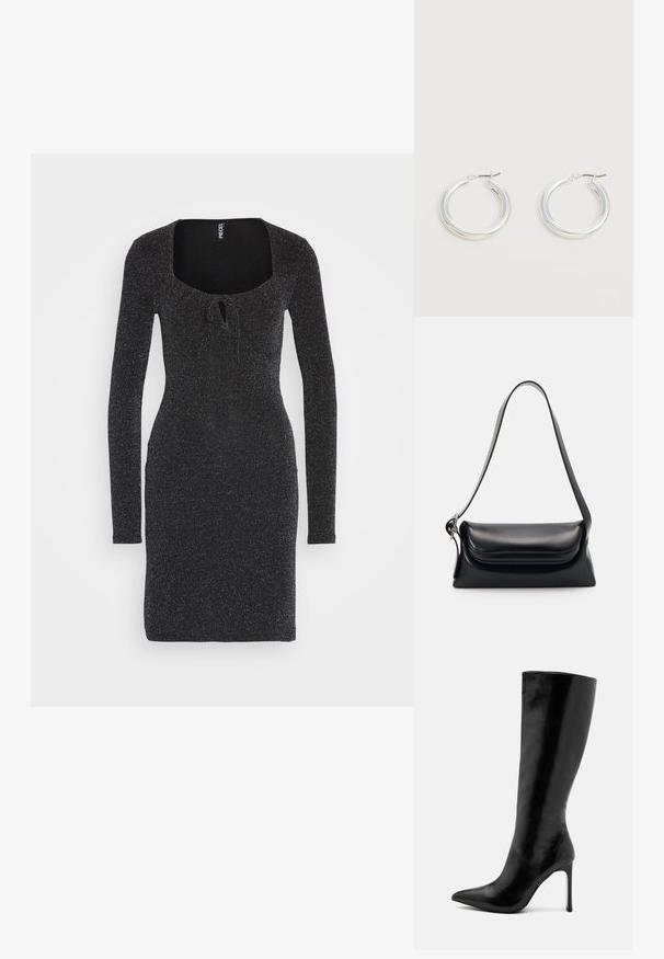 Pieces PCLINA TIE DRESS - Φόρεμα από ζέρσεϊ - black; Μαύρη μπότες μέχρι το γόνατο από γυαλιστερό δέρμα, με μυτερή μύτη και λεπτό τακούνι στιλέτο. Λείος υφή με μινιμαλιστικό σχέδιο.; Μαύρη δερμάτινη τσάντα χεριού με δομημένο σχήμα, απαλή υφή και έναν μόνο ιμάντα ώμου. Διαθέτει μια διακριτική, στρογγυλεμένη σχεδίαση καπακιού.; Ζευγάρι μεσαίου μεγέθους γυαλιστερά ασημένια σκουλαρίκια κρίκοι με λεπτά μεταλλικά κλείστρα σε ανοιχτό ουδέτερο φόντο.