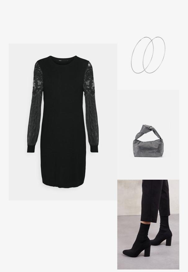 ONLY ONLVIKTORIA DRESS - Svetríkové šaty - black; Čierne členkové topánky na podpätku s rebrovanou ponožkovou časťou, hladkým povrchom, zaoblenou špičkou a blokovým podpätkom pre stabilitu.; Čierna a strieborná kabelka s textúrovaným povrchom so vzorom diamantov, s uzlovou rukoväťou a štruktúrovaným tvarom.; Strieborné kruhové náušnice s minimalistickým dizajnom. Cirkulárny tvar, hladký povrch a tenký profil. Ľahké s lesklým povrchom.