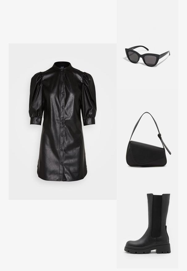 GAP PUFF SHIRTDRESS - Robe chemise - black; ONLY SHOES ONLDOJA - Bottes à plateau - black; Lunettes de soleil noires en forme d'œil de chat avec une finition mate, dotées de verres teintés gris, d'angles aigus et de branches élégantes. Nom de la marque visible sur la branche intérieure.; Sac à main en cuir noir de forme triangulaire, avec un rabat incliné et une poignée supérieure arrondie. Il présente une texture lisse et des détails de design minimalistes.