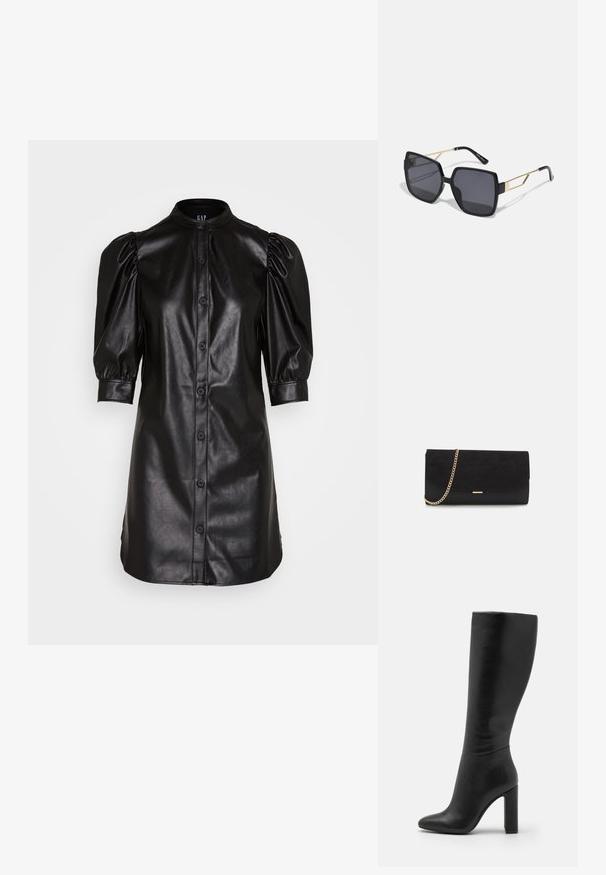 GAP PUFF SHIRTDRESS - Robe chemise - black; Botte en cuir noir à hauteur de genou avec un bout pointu et un talon bloc haut. Texture lisse avec un design minimaliste et sans matériel visible.; Anna Field by Zalando Lunettes de soleil - black; Porte-monnaie noir en daim avec une finition texturée, doté d'une chaîne dorée et d'un design épuré et angulaire.