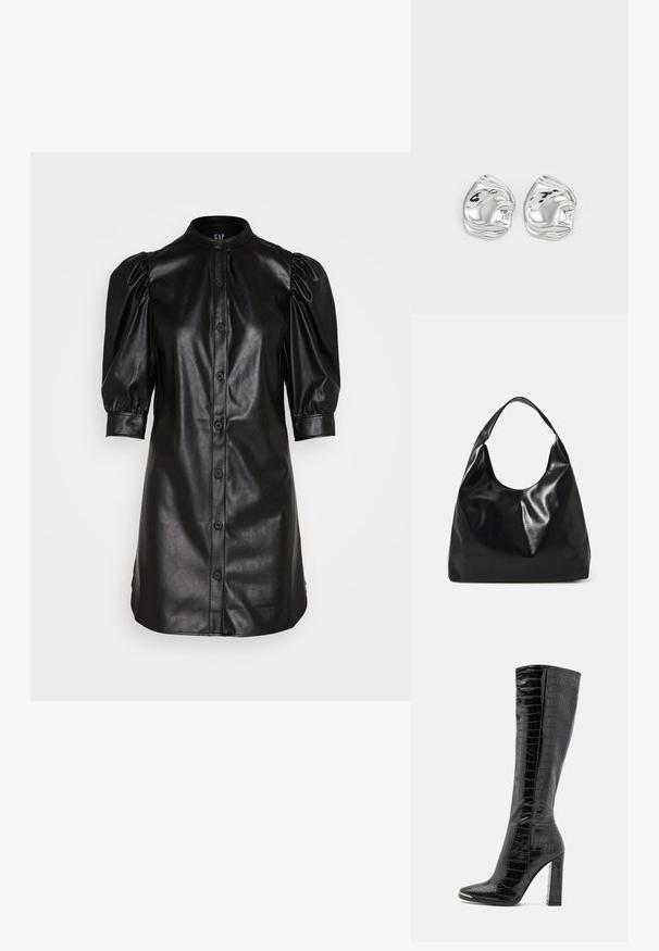 GAP PUFF SHIRTDRESS - Robe chemise - black; RAID JOCELYN - Bottes - black; Sac hobo en cuir noir avec une texture douce et brillante et un haut ouvert arrondi. Dispose d'une large sangle courbée pour le transport. Pas de matériel visible.; Boucles d'oreilles en forme abstraite argentées avec une finition poli, présentant des courbes lisses et des contours subtils. Pas de motifs ou d'accents visibles.