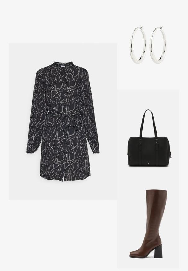VILA VIMIST DRESS - Tričkové šaty - black; RAID RENZO - Čižmy - brown; Čierna taška z textúrovanej kože, s dvoma dlhými rúčkami, so zipsovým uzáverom a jemnými zlatými akcentmi na kovaniach.; Strieborné kruhové náušnice s hladkým, lesklým povrchom. Obľúbený tvar, vybavené bezpečným zapínaním. Jednoduchý a elegantný dizajn.