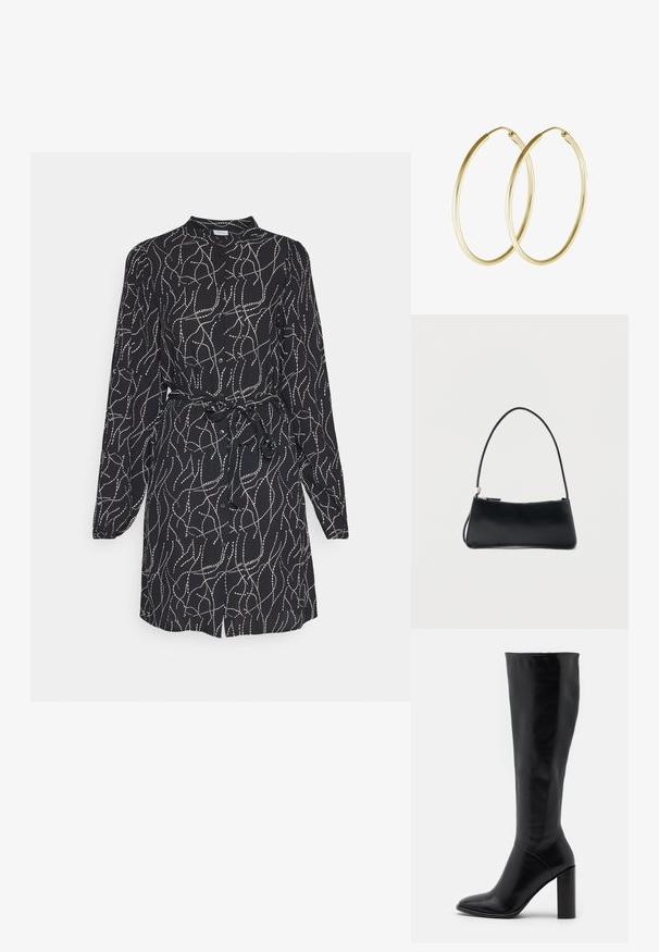VILA VIMIST DRESS - Skjortekjole - black; Knæhøje sorte læderstøvler med spids tå og kraftig hæl. Glat tekstur med minimale detaljer og et tætsiddende skaftdesign.; Sort rektangulær håndtaske med tynd skulderrem og lynlåslukning, sat mod en enkel hvid baggrund.; Guld hoops øreringe med et glat, rundt design og en blank finish. Letvægts konstruktion med en sikker låsemekanisme.