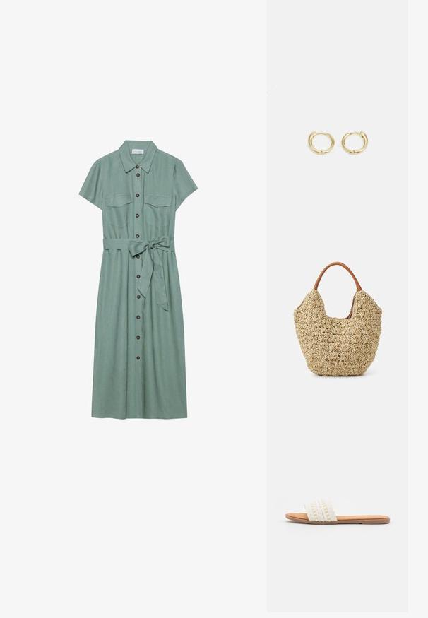 Vestido corto de color verde, con mangas cortas, hecho de tela texturizada, que presenta un cierre frontal de botones, dos bolsillos en el pecho y un cinturón atado en la cintura.; Sandalia deslizante blanca tejida con textura trenzada y cuentas decorativas, que cuenta con una plantilla suave en tono marrón y suela plana de goma.; Bolsa de tote de paja trenzada con una textura natural y una forma suave y orgánica, con asas de cuero marrón para un fácil transporte.; Pendientes de aro de oro con un diseño suave y redondeado. Presentan un pequeño cierre de bisagra, apariencia ligera y un acabado pulido.