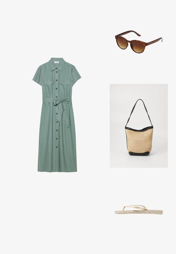 Grünes kurzärmliges Kleid aus strukturiertem Stoff, mit durchgehender Knopfleiste, zwei Brusttaschen und einem gebundenen Taillengürtel.; Flache beige Flip-Flop-Sandale mit geflochtener Sohle und dünnen metallisch goldenen Riemen, seitlich auf weißem Hintergrund gezeigt.; Schildpatt-Sonnenbrille mit einer vintage Katzenaugenform, verlaufenden braunen Gläsern und einer glatten, glänzenden Oberfläche an Rahmen und Bügel.; Gewebte Strohtasche mit natürlicher Textur, akzentuiert durch einen schwarzen Kunstlederbesatz und Schulterriemen; offenes Design.