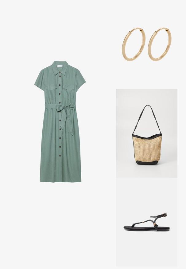 Grünes kurzärmliges Kleid aus strukturiertem Stoff, mit durchgehender Knopfleiste, zwei Brusttaschen und einem gebundenen Taillengürtel.; Schwarze flache Sandalen mit geflochtenen Riemen und metallischem Akzent. Verfügt über eine verstellbare Schnalle und eine flache Gummisohle für Komfort.; Gewebte Strohtasche mit natürlicher Textur, akzentuiert durch einen schwarzen Kunstlederbesatz und Schulterriemen; offenes Design.; Goldene Creolen mit einer glatten, polierten Oberfläche. Abgerundete Form, mittlere Größe, ausgestattet mit einem sicheren Verschlussmechanismus.